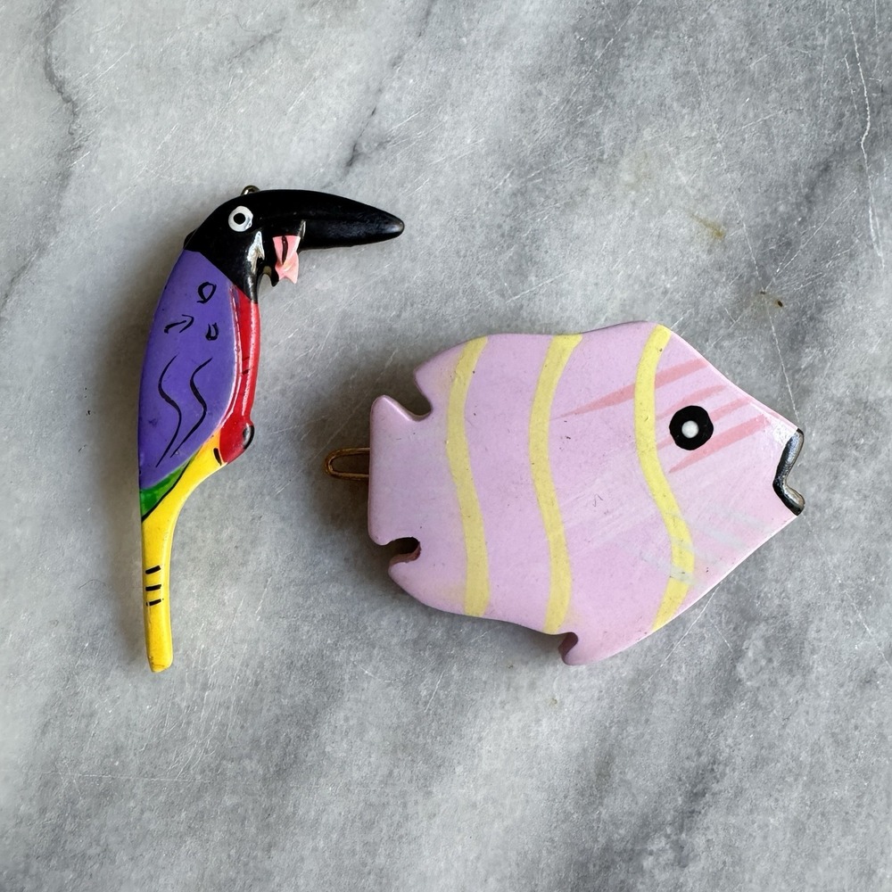 Vintage 80s Tropical Barrettes Lot Hair Clips Pink Fish Painted Bird Colorful